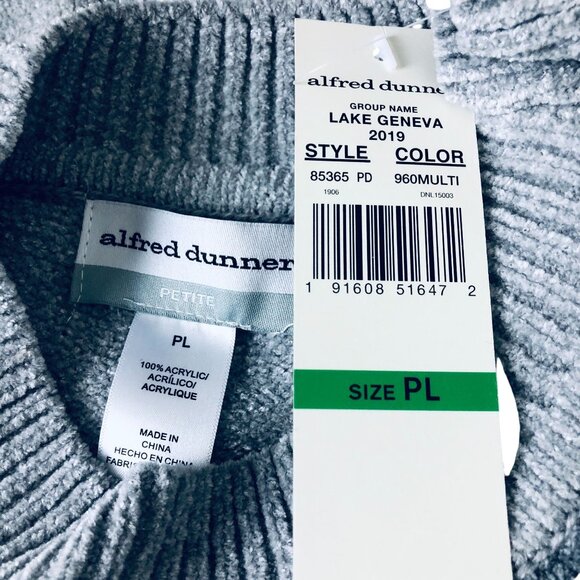 Alfred Dunner Vtg Patchwork Sweater Petite Large Acrylic Chenille Green Gray - Picture 9 of 10